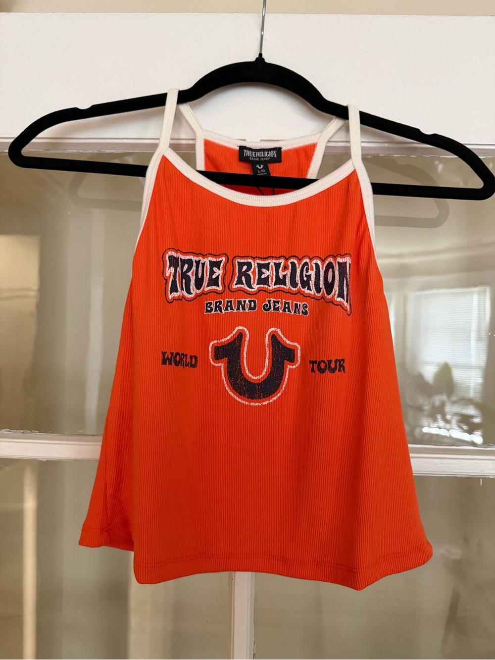 True Religion Orange Ribbed Logo Tank with White Trim